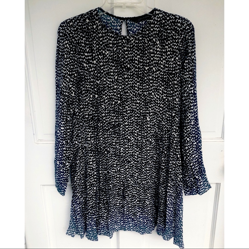 ZARA Woman Navy and White Long Sleeve Mini A-line Dress Keyhole Back | Size S